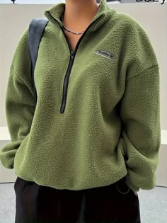 Womens Half Zip Pullover, Fuzzy Pullover, Collared Sweatshirt, Half Zip Pullover, Winter Outfit, Green Fashion, Outfits Casuales, Long Sleeve Sweatshirts, Half Zip