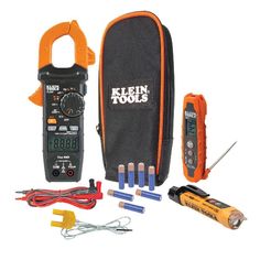 the kit includes an electronic multimeter, batteries, and other electrical tools to test current voltages