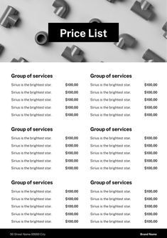 the pricing sheet for an electrical company is shown in black and white, with silver letters