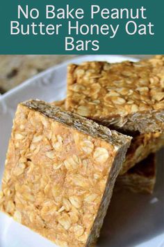 no bake peanut butter honey oat bars on a plate with text overlay