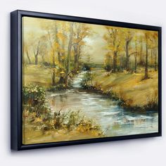 an oil painting on canvas of a river in the fall with yellow trees and grass