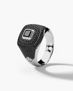 We will send you a size verification email once the purchase is completed. The BETZ iced out gold signet ring is a modern heirloom, featuring a showstopping princess cut black diamond surrounded by pave set brilliant cut black diamonds, with a total carat weight of 1.80. As with every Rockford piece, this black diamond signet ring is designed with individuality and custom izablility in mind. The BETZ signet ring, available in 16 variations, will quickly become your favorite pinky ring or stateme Gold Miners, Diamond Signet Ring, Star Of David Pendant, Big Diamond, Rings Jewelry Fashion, Gold Mining, Gold Signet Ring, Inspiring Art, Black Diamonds