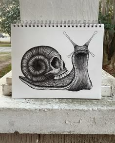 a drawing of a snail with a human skull on it's back and one eye open