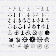 an anchor, compass and other nautical symbols are shown in black on a white background