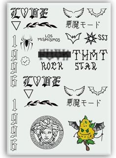 various tattoo designs and symbols on a sheet of paper with the words i love you written in