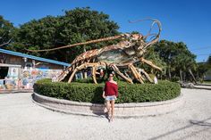 a woman standing in front of a giant lobster statue