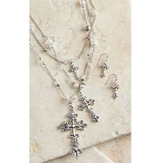 Style number: 29383. Long layered cross charm necklace. Pearl and crystal beads on chains. Lobster clasp hook necklace. Matching cross pendent earrings. Silver French wire hook. One size. Cross Pendent, Cross Charm Necklace, Hook Necklace, Multi Chain Necklace, Layered Chain, Necklace Pearl, M F, Western Jewelry, French Wire