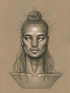 a drawing of a man's head with long hair and sunbursts