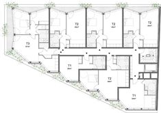 the floor plan for an apartment building with three levels and four rooms, all in different sections