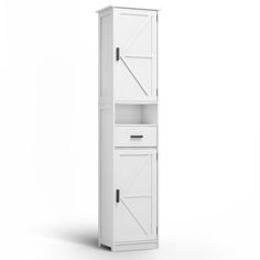 a tall white cabinet with doors and drawers