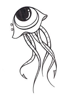 a drawing of a jellyfish with an eye on it's head and long tentacles