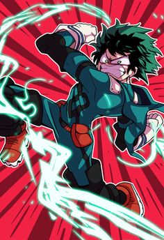 an anime character with black hair and green eyes is flying through the air while holding his arms out