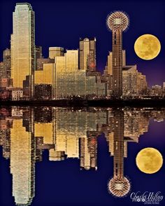 the full moon shines brightly in front of a cityscape with skyscrapers