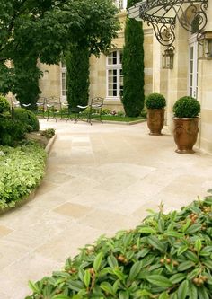 an outdoor area with potted plants and benches