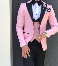 Pink With Black Lapel Suits for Men Custom Made 3 Piece Suit(Jacket Pant Vest) Burgundy Pants Men, Pink Suit Men, Men Suit Fashion, Men Suit Wedding, Men Tuxedo, Pink Tuxedo, Terno Slim, Men Costume