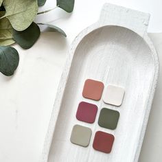 a white tray with four different colored squares on it next to a potted plant