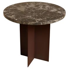 a round table with a brown base and marble top