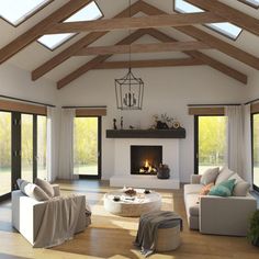 a living room filled with furniture and a fire place in the middle of a room