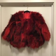 Short Red Fur Jacket Red Fur Coat For Fall, Chic Red Fur Coat For Fall, Red Fur Jacket, Red Faux Fur Outerwear For Fall, Red Long Sleeve Fur Coat For Fall, Red Fluffy Jacket, Winter Red Fur Coat With Faux Fur Trim, Red Fur Coat With Faux Fur Trim, Chic Red Faux Fur Outerwear