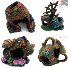 four different types of bird houses made out of clay