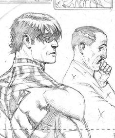 a pencil drawing of two men in front of a comic book page with one man looking at the viewer