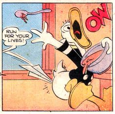 an old comic strip with a cartoon duck holding a pan in it's hand