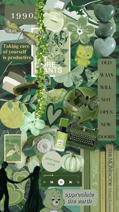 a collage of green and white items including books, plants, and other things