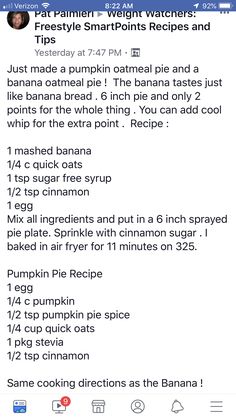 an iphone screen showing the recipe for pumpkin pie