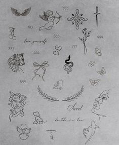 an old sheet of paper with various tattoo designs on it, including angel and devil symbols