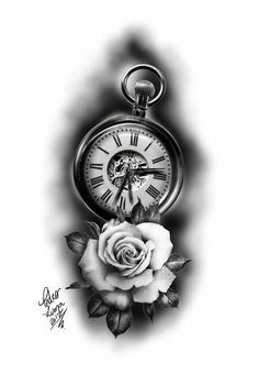 a drawing of a pocket watch with a rose on it