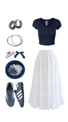 Silver Streamers, Blue Adidas Shoes, Blue Skirt Outfits, Navy Blue Adidas, White Skirt Outfits, Rok Outfit