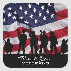 thank you veterans with silhouettes of soldiers and an american flag