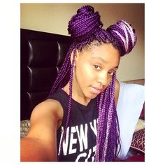 15 Women With Braid Extensions Styles Who Are Not Afraid Of A Little Vibrant Color Box Braids Inspiration, Purple Box Braids, Braids Inspiration, Middle Aged Women Hairstyles, Purple Braids, Wedge Hairstyles, Protective Hair, Bouffant Hair, Asymmetrical Hairstyles