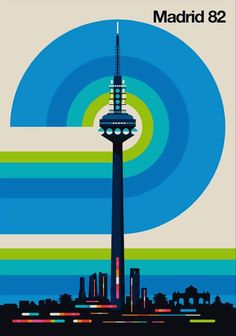 the poster for madrid's radio tower is shown in blue, green and yellow