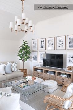 a living room filled with furniture and pictures on the wall