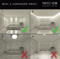 four different views of a living room with white furniture and green arrows pointing to the floor