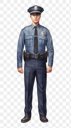 a police officer is standing with his hands in his pockets, wearing a blue uniform