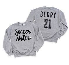 This custom crewneck is perfect for any soccer sister who loves the game and wants to show her support for her favorite player. The design on the front features a stylish Soccer Sister design, while the back can be customized with the player's name and number, making it a unique and personal item that any soccer fan will love to wear. Made with high-quality materials, this sweatshirt is comfortable, durable, and easy to care for, making it perfect for wearing to games, practices, or anywhere else.  PLEASE NOTE Sizes 2T,3T,4T & 5/6 are LAT Brand Sweatshirts.  Sizes YS-YXL are GILDAN brand sweatshirts.  Toddler and Youth colors will be slightly different due to being different brands.  SEE SIZE CHARTS FOR MEASUREMENTS. This item ships within 5-7 business days.  Please note since all tees are Sublimation Crew Neck Design For Sports Events, School Spirit Crew Neck Sweatshirt For Team Events, Crew Neck Sublimation T-shirt For Sports Events, Pre-shrunk Crew Neck Sweatshirt For Team Events, Sporty Crew Neck With Sublimation Text Print, Soccer Sister, Sports Sublimation Text Print Crew Neck, Cute Soccer Shirts Ideas, Soccer Sister Shirt Ideas