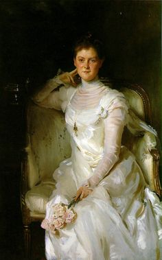 a painting of a woman in a white dress holding a bouquet of flowers and looking at the camera