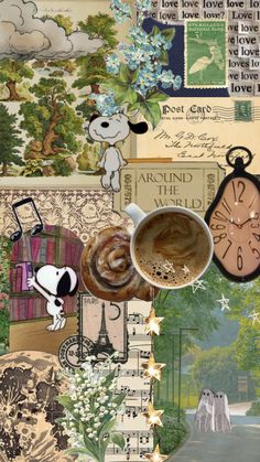 a collage with many different pictures and words on it, including a coffee cup