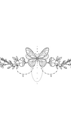 a line drawing of a butterfly with flowers and leaves on it's back side