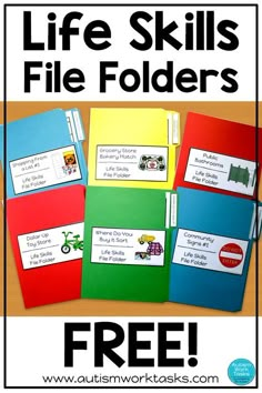 four folders with the words life skills file folders on them and an image of three