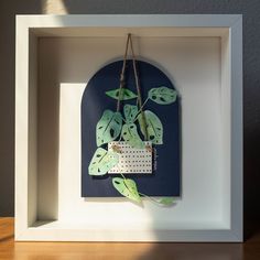 a white frame with a plant in it