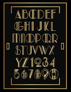 an art deco font in gold and black on a black background with the letter's numbers