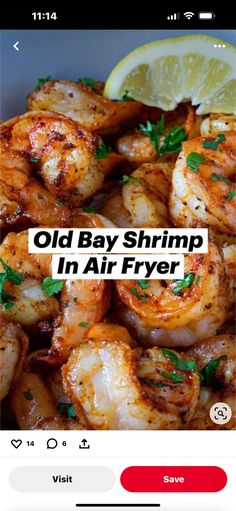 the old bay shrimp in air fryer is shown on an iphone screen with text overlay