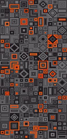 an orange and black abstract design with squares, rectangles, and lines on gray background