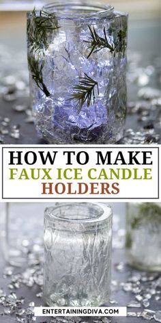 Winter Wonderland Decor: DIY Faux Ice Candle Holders | Christmas Ice Candles Diy, Winter Wonderland Decor, Winter Table Decor, Wonderland Decorations, Wonderland Decor, Mason Jar Candle Holders, Winter Wonderland Decorations, Easy Party Decorations