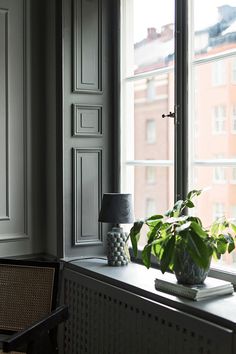 a window sill with a potted plant sitting on top of it next to a lamp