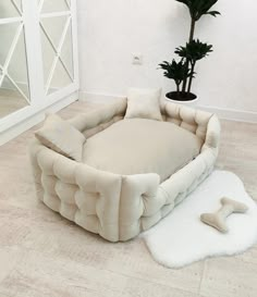 a dog bed sitting next to a potted plant on top of a white rug