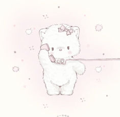 a drawing of a white bear with a pink bow on it's head holding onto a string